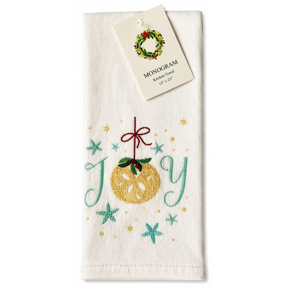 Christmas Beach Joy Kitchen Dish Towel Sand Dollar Starfish White Cotton Holiday